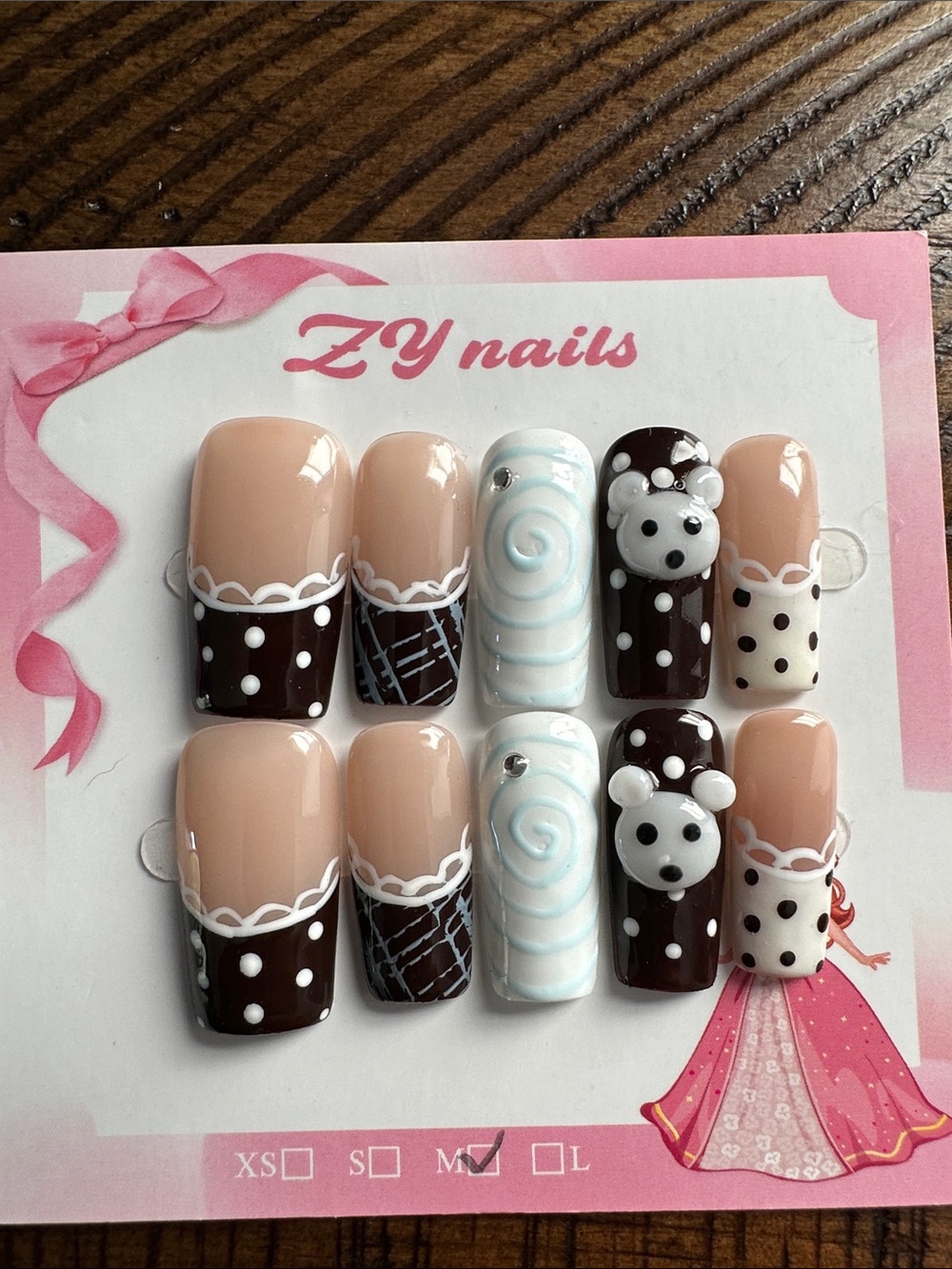 Beige, Brown & White 3D Bear Press-On Nail Set